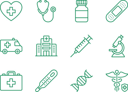 medical green line icons with hospital, ambulance, syringe and dna