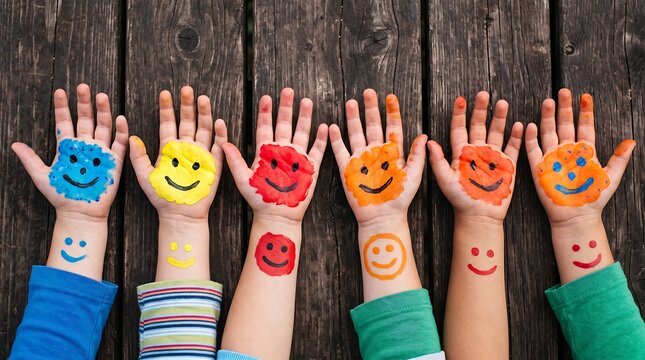 Happy Friendship Day - Children_s Hands with Painted Smiley Faces Row