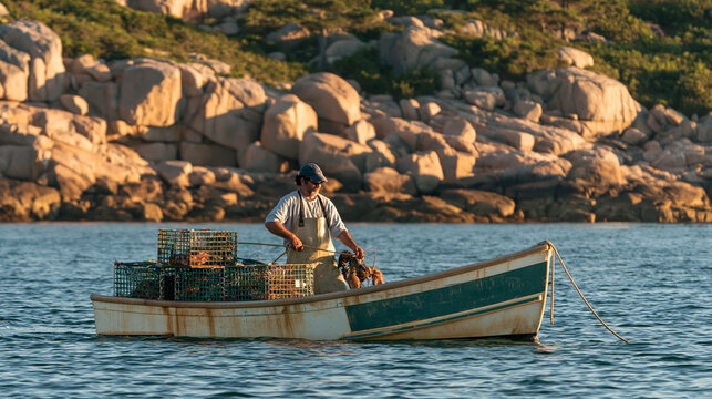 Fisherman with lobster trap on rocky coastline at sunset, boat on sea for sport fishing and rural recreation