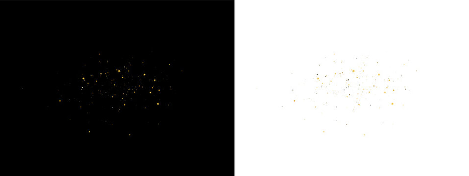 Golden star dust particles on black and white backgrounds scattered in a random pattern on transparent background
