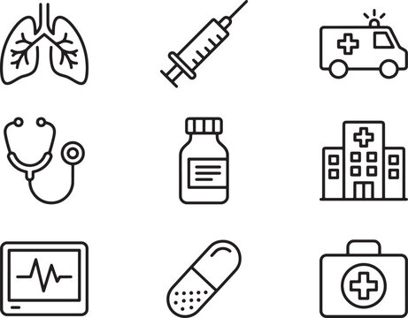medical line icons with lungs, syringe, ambulance and first aid kit