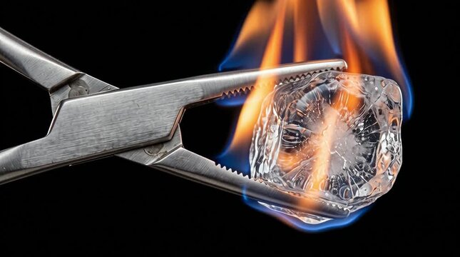 Pinza industrial robusta gen&eacute;rica sosteniendo un bloque de hielo ardiente