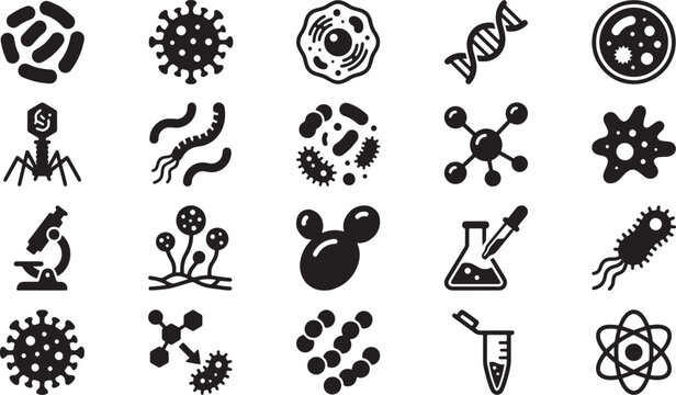 microbiology icons set with bacteria, virus, dna and lab science symbols