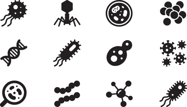 microbiology symbols with bacteria, virus, dna and lab research elements