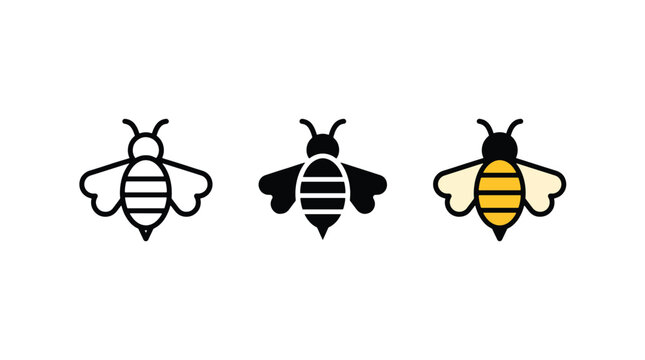 Bee icon set. Honeybee vector symbols in outline, solid, and flat color styles.