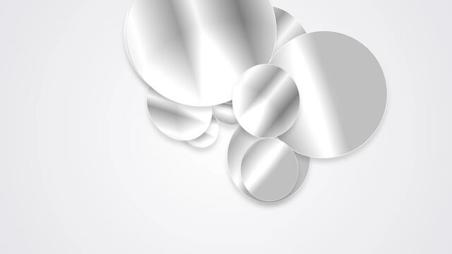 Abstract 3D composition of glossy white and silver metallic oval plates and ellipses with soft shadows, layered on a minimalist light gray background for modern tech or corporate design.