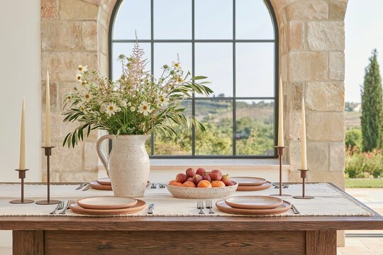 Tuscan dining tablescape featuring a long dark oak farmhouse table with a floral centerpiece, fruit bowl, and elegant candle holders against a scenic window view