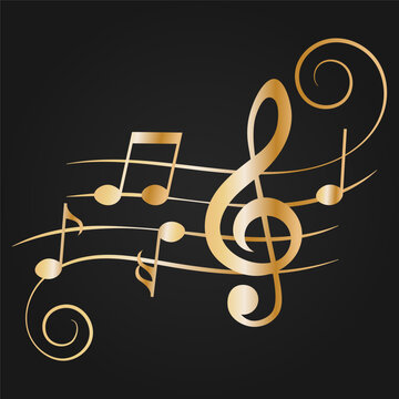 Golden music notes with swirls, vector illustration.