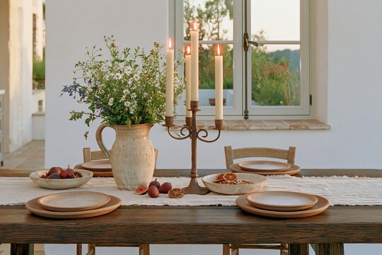 Tuscan dining tablescape featuring dark oak table, floral centerpiece, candles, and rustic dishware, set for evening meal with natural light and scenic view