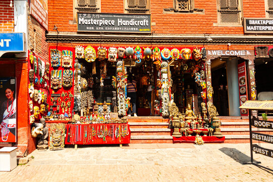 Bhaktapur, Nepal - February 19, 2023:  Souvenirs store in Bhaktapur, an ancient city famous for its elegant art and 
 fabulous culture