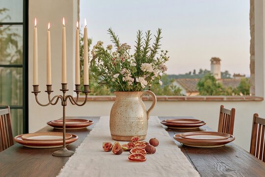 Tuscan dining tablescape featuring a rustic wooden table set with plates, a floral centerpiece, candles, and dried fruits at golden hour in a scenic outdoor setting