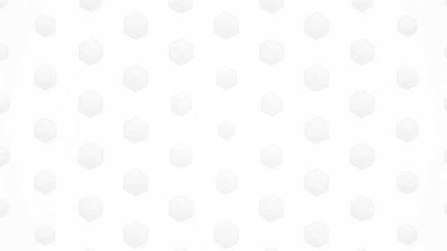 Abstract white and light gray motion background featuring a repetitive pattern of small hexagons arranged in a grid with subtle circular concentric ripple waves emanating across the scene.
