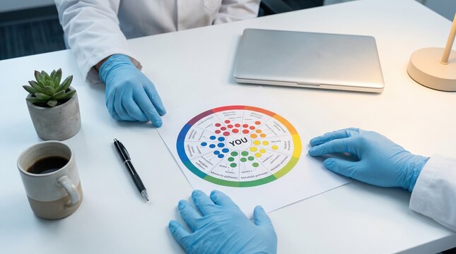 Healthcare professionals examining wellness wheel chart on desk with laptop