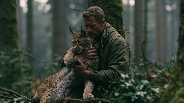 Middle-aged man cuddling rescued lynx in forest during conservation campaign portrait with dreamy wildlife emotion