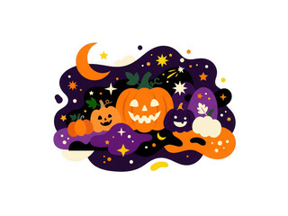Fototapeta premium Halloween pumpkin patch illustration with glowing stars and moon in flat modern aesthetic design.