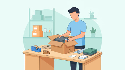 Fototapeta premium Man packing clothing into a cardboard box for online order fulfillment