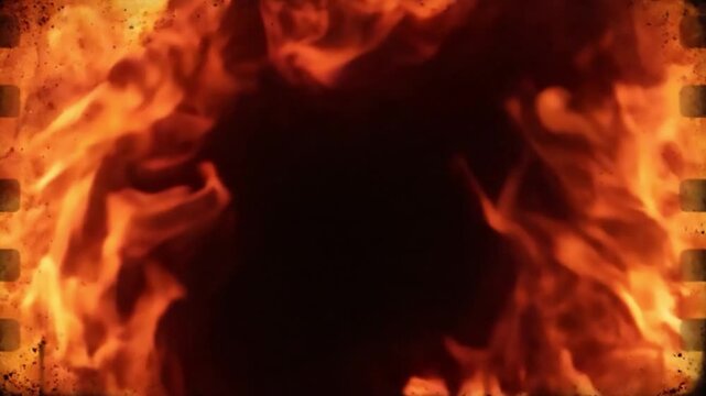 Burning film strip frame with fire on the edges