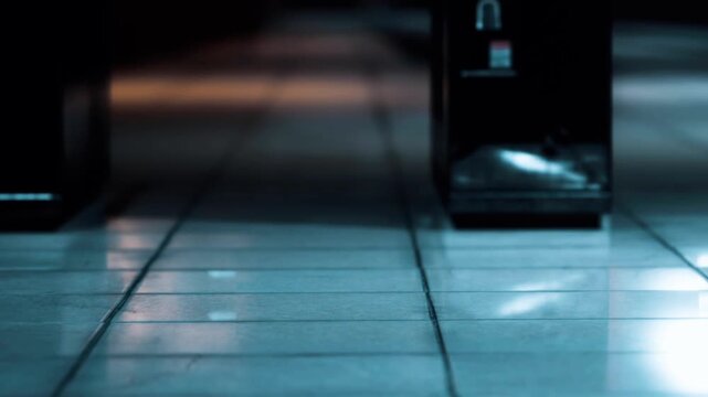 A vending machine stands alone in a dimly lit hallway. The floor is tiled and reflects light from the nearby environment. The setting is calm and empty, giving a sense of isolation.