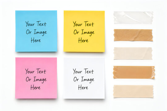 Colorful sticky notes and adhesive tape strips, paper stationery mockup set, vibrant office reminder pads and masking tape elements isolated on White Background ai