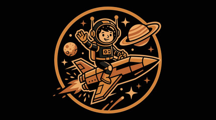 Cute Little Boy Astronaut Riding a Star Cruiser Rocket in Outer Space Badge Vector Illustration © Bocil