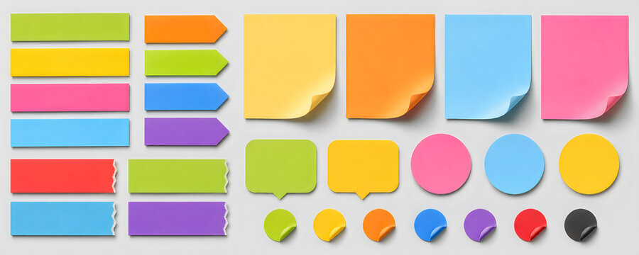 Colorful sticky notes and paper tabs collection, vibrant adhesive memo pads set, multi-colored office stationery supplies for organization isolated on White Background ai