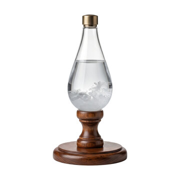 Teardrop storm glass weather predictor with crystalline formations on transparent background