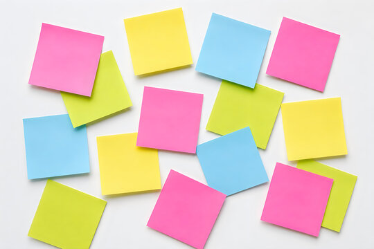 Colorful sticky notes scattered on surface, vibrant adhesive paper reminders for office brainstorming, neon post-it notes for project management isolated on White Background ai