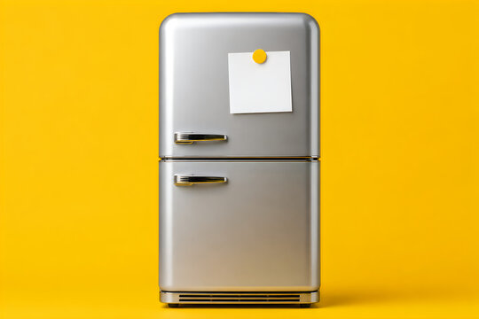 Retro silver refrigerator with blank paper note, vintage style fridge on yellow background, kitchen appliance with empty reminder mockup isolated on White Background ai