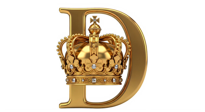 Decorative golden letter D with crown illustration isolated design element transparent background