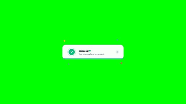 Success notification popup window green screen software interface digital application website confirmation message saved progress elements