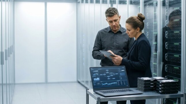 IT specialists collaborating in a data center, analyzing network performance on a tablet and laptop with server racks and hardware in a bright, modern facility.