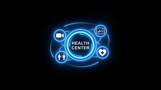 Professional medical displaying symble digital telemedicine interface for remote online healthcare consultation and virtual patient connection service. 4K motion video. neon tool.