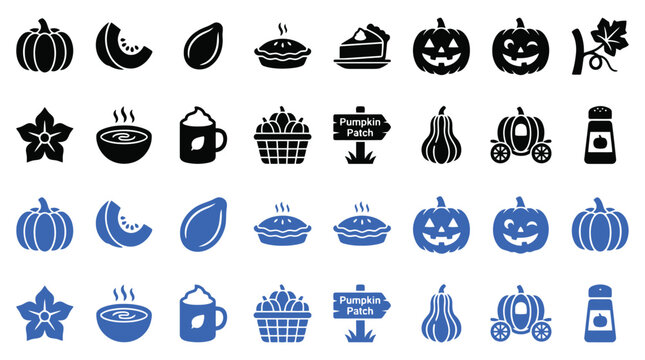 Set of fall pumpkin and harvest icons in black and blue colors with jack o lantern signpost carriage vegetable thanksgiving halloween seasonal agriculture collection