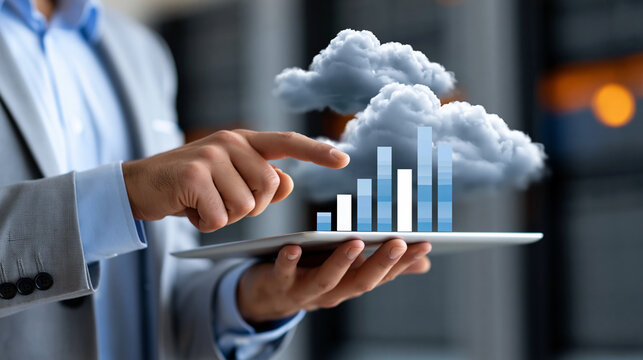 Evaluation of cloud metrics by a business professional, data center performance analysis, with copy space