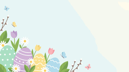 Fototapeta premium Spring Easter Eggs Flowers Butterflies Pussy Willow Branches Pastel Background vector