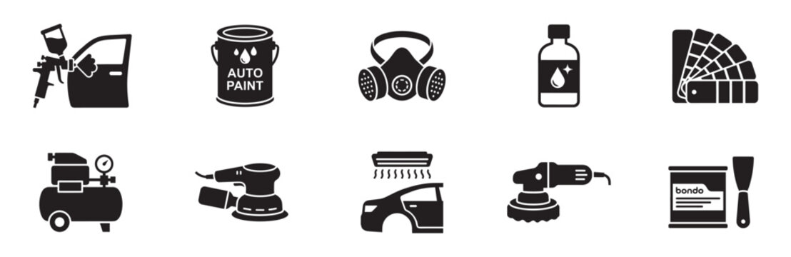 Auto paint and body repair shop icon set. Car detailing tools including spray gun, air compressor, respirator mask, sander, orbital polisher, and bondo putty. Vector illustration.