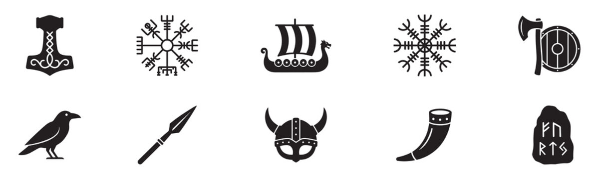 Viking icon set. Hammer, compass, longship, helm of awe, raven, shield and rune stone. Vector illustration.