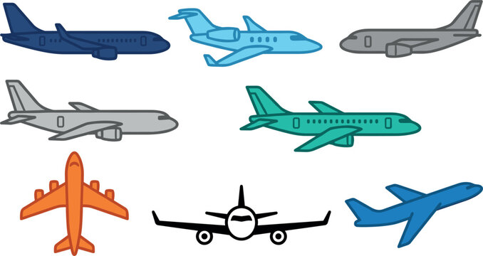 Airplane and Aircraft Vector Icon Set Featuring Commercial Airliner Private Jet Passenger Plane Side Front and Top View Illustrations