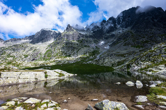 Mountain lake in the Valley of Five Spis Lakes in the High Tatras, Slovakia
