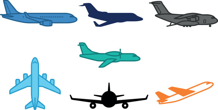 Commercial and Military Aviation Airplane Vector Icon Set Featuring Airliner Private Jet Cargo Plane Propeller Aircraft and Jet Silhouette Illustrations