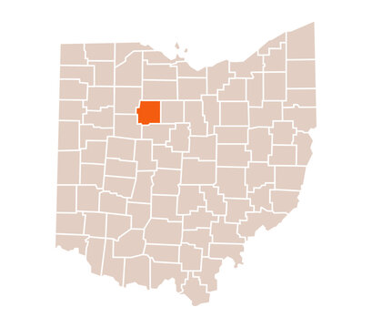 Wyandot County Highlighted on Ohio State Map in Orange Color