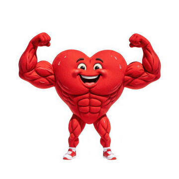 Smiling red heart muscle cartoon character flexing