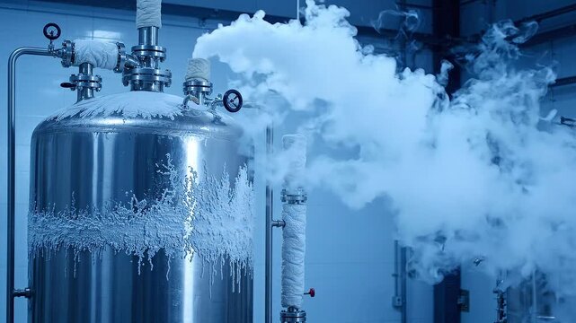Industrial metal tank releasing white vapor in laboratory. Steel chemical reactor with cryogenic gas exhaust. Scientific experiment equipment for gas ventilation.