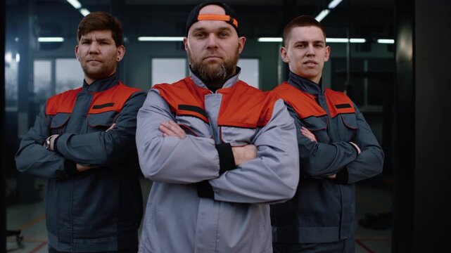 Three confident auto mechanics in uniform stand together with folded hands at a garage at a car service and repair shop.