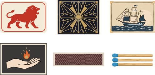 Vintage Matchbox Label Art and Matches Vector Set with Lion, Sailing Ship, Hand with Fire, and Geometric Safety Match Designs for Nostalgic Graphic Branding © Borsha