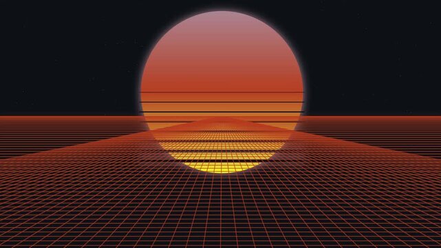 Retro synthwave landscape with glowing sun digital animation