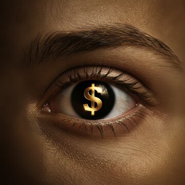 Close-up of an eye with a dollar sign, concept of financial vision