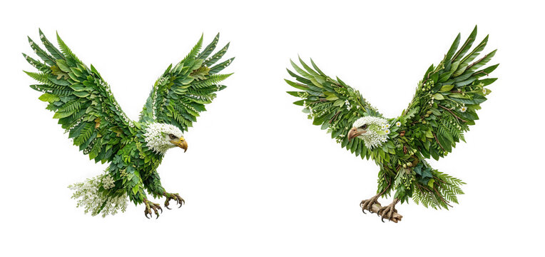 Two eagles made of green leaves and white flowers isolated on transparent background
