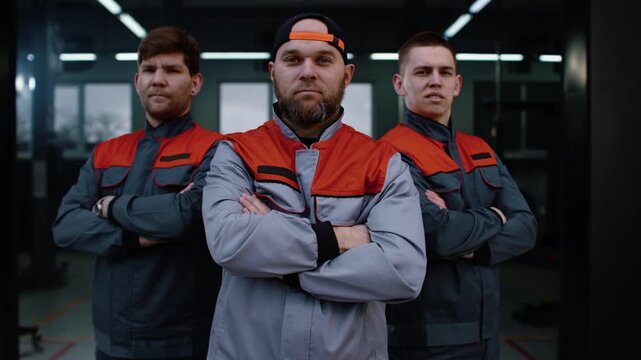 Three determined young auto mechanics in uniform are standing at the gate to the auto repair bay and looking at the camera 