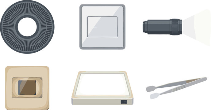 Vintage Photographic Film Slide Viewing Accessories Vector Icon Set with Light Box Carousel Tray Magnifier Flashlight and Film Handling Tweezers